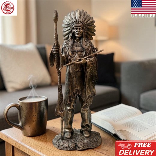 Native American Chief Statue With Spear and Pipe Decor 14 Inch - Etsy