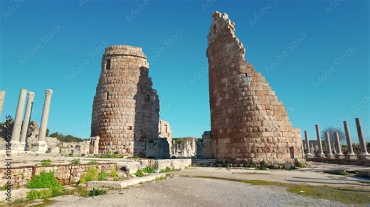 Ancient city of Perge in Antalya, Turkey. Historical ruins in the ancient city of Pamphylia
