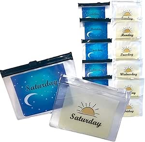 Reusable Plastic Baggies for Am Pm Travel Med Pocket Pharmacy, Color Coded, Pre Labeled Days of The Week Pill Organizer 2 Times A Day for Medicine, Vitamins, 4x3 Inch Zip Closure