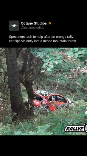 Spectators rush to help after an orange rally car flips violently into a dense mountain forest.