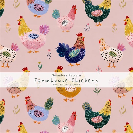 Colorful Chicken Seamless Pattern, Whimsical Farmhouse Hen Print, Pink Cottagecore Wallpaper, Farm Animal Digital Paper, Kids Fabric Design - Etsy