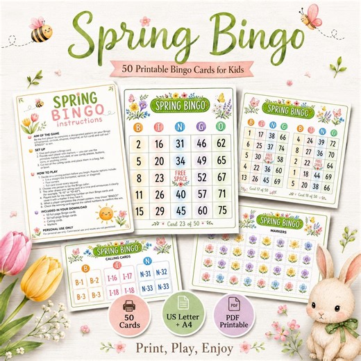 Spring Bingo Printable Game, 50 Bingo Cards, Kids Spring Classroom Activity, Easter Party Game, Spring Party Bingo - Etsy