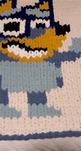 Who else has a little Bluey fan at home?  I just finished this adorable Bluey blanket and can make more by request! Would your kid love one? #blanket #bluey #handmade #customized #chunkyknitblanket | Big stitches, bigger comfort | Facebook