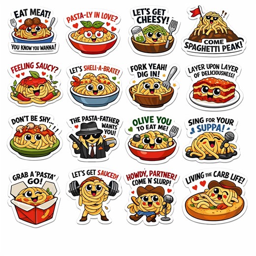 Spaghetti Stickers Bundle PNG | Cartoon Food Humor Clipart | Printable Sticker Pack | Pasta Art - Etsy