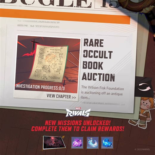 The Wilson Fisk Foundation is auctioning off “The Book of Sins”, an ancient spell book with a unique page torn straight from the Darkhold to lure rare book collectors and occult scholars in the region. The page will be on display at the Fisk Tower surrounded by security and protected at all costs until the auction date. The Midnight Features II Season Event: Part 3 is now live. Complete event missions to unlock exclusive rewards and see who gets their hands on the precious auctioned book. #Marve