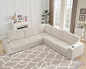 110" Sectional Couches for Living Room, L-Shaped Couch with Chaise, 5-Seat Large Modern Sofa with USB & Type-c Port, Corduroy, Beige