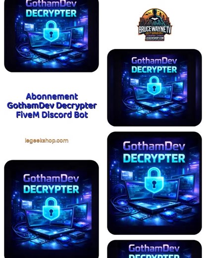 GothamDev - LeGeekShop.com on Instagram: "🔍 Prêt à déchiffrer le mystère de votre serveur FiveM ? Découvrez le **GothamDev Decrypter**, votre bot Discord ultime qui améliore l'expérience de jeu ! 🎮 Optimisez vos sessions de jeux avec des fonctionnalités performantes et un support inégalé qui rendra vos moments de jeu plus dynamiques et immersifs. Parfait pour tous les passionnés de la culture geek, il s’intègre facilement dans votre quotidien pour maximiser le fun et la stratégie. 🔥 Ne laisse