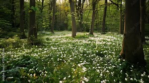Expanse of white anemone flowers in a spring forest. Blooming profusely like a carpet, the flowers paint a beautiful scene in harmony with the fresh green of the trees.