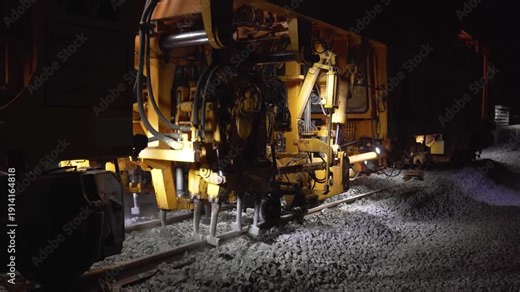 Railroad tamping machine in operation during track maintenance, vibrating tines into the ballast to stabilise sleepers and adjust rail alignment, ensuring safe train traffic