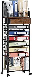 SWTYMIKI 9-Tier Rolling File Cart - Paper Organizer with Drawer and Trays, Wood Desk Office Organizer, Office Organization and Binder Storage for Workspace, Home, School, Espresso