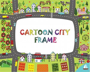 Cartoon landscape background. Kids city and suburbs frame
