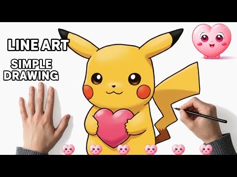 Drawing Pikachu Holding a Heart | Clean Line Art + Color Reveal