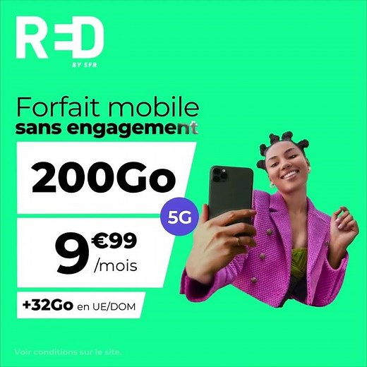 RED by SFR - Forfait Mobile sans engagement 200Go à 9,99euros par mois