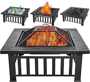 Panovue Multifunctional Fire Pit Table 32 inch Square Metal Firepit Stove Backyard Patio Garden Fireplace for Camping, Outdoor Heating, Bonfire and Picnic