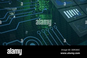 Circuit lines sliding from left connecting server rack nodes to panels showing live syncing. Technology, data, infrastructure, digital, analytics, visualization, network Stock Video Footage - Alamy