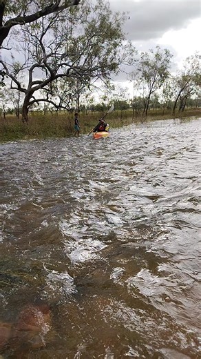 Fitzroy Crossing had its own rapids this afternoon as water dropped allowed Mr Percy to paddle down them as Little Bridge became the hit spot to hang out, fish and swim | Wangki Yupurnanupurru Radio
