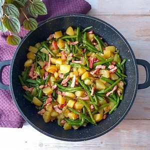 Recette Poêlée de haricots verts pommes de terre et lardons sur Chefclub daily
