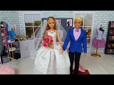 Barbie Ken Video Morning Bedroom Wedding Routine. Dress up dolls Wedding Dress.
