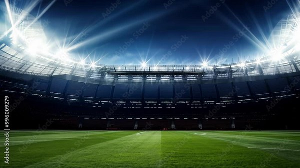Football Sports background, soccer stadium at night with glowing spotlights for sports advertisement