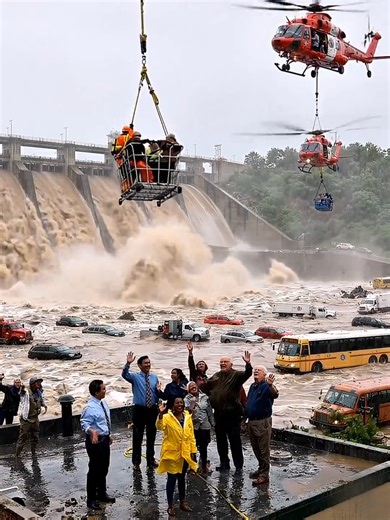 Helicopters Rescue People from Dam Overflow Disaster