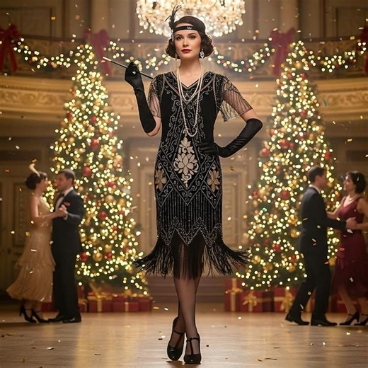 Set The Great Gatsby Flapper Girl Flapper Dress Christmas Dress Cocktail Dress with Accessories Women's Roaring 20s 1920s Tassel Fringe Sequins Pattern Fancy Dress Adults Christmas New Year Retro 2025