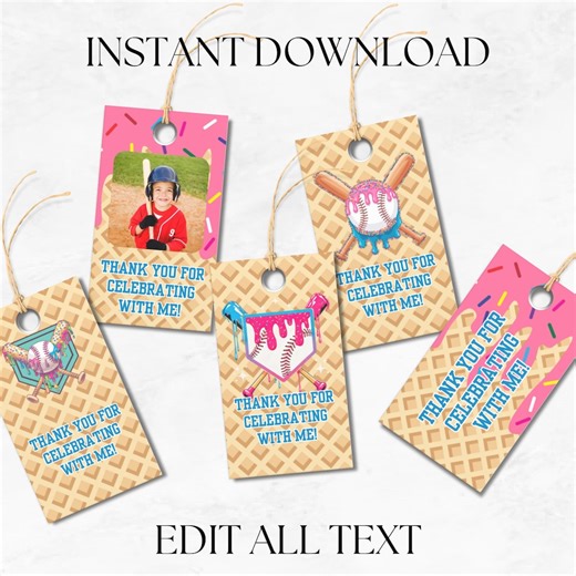 Baseball Drip Birthday Party Thank You Tags, Ice Cream Theme Decorations, Customizable Sports Party Decor for Kids, Ice Cream Drip Decor - Etsy