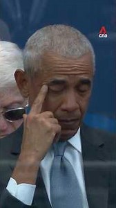 Barack Obama tears up during Michelle Obama's Presidential Center speech