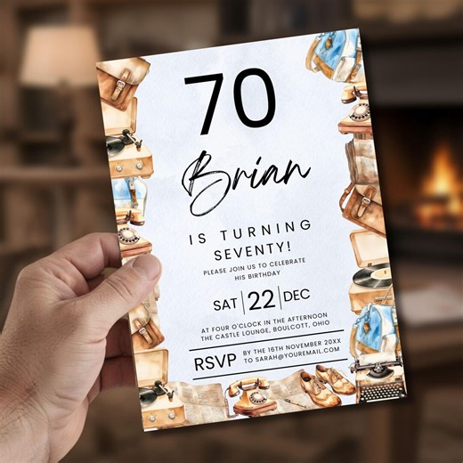 70th Birthday Invitation, Personalized 70 Birthday Party Invite, DIY Masculine Customized Happy 70th Birthday Invite, Digital Download - Etsy
