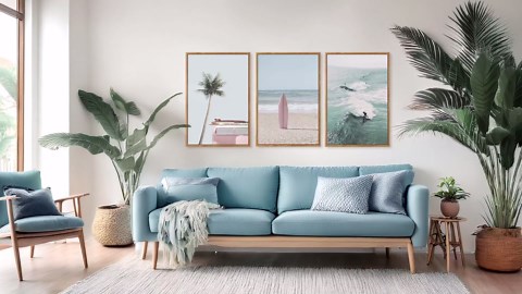 CHDITB Beach Framed Canvas Wall Art Set, Palm Tree Surfboard Seascape Wall Decor, Ocean Surfing Wall Painting, Coastal Art Print for Living Room, Bedroom, Dining Room, Bathroom - Large Size 16"x24"x3