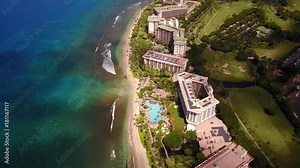Picturesque scenary of Hawaiian resort on the ocean shore on the bird's eye view
