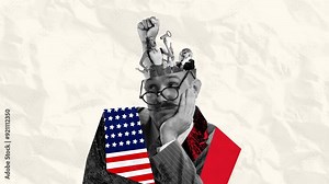 Stop motion, animation. Man, politician with bored face looking on people showing protest against country ruling. Concept of politics, social issues, human rights, propaganda, voting system