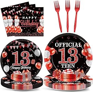 gisgfim 96Pcs 13th Birthday Decorations for Girls Boys Red Silver Black 13th Birthday Plates Napkins, Happy 13th Birthday Party Decorations Official Teen 13 Years Old Birthday Party Supplies 24 Guests