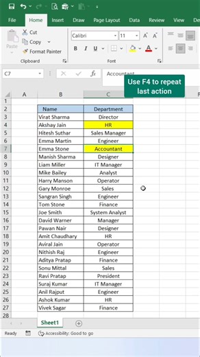 Use F4 Keys In Excel| How To Repeat Last Action In Excel #exceltipsandtricks #microsoftoffice