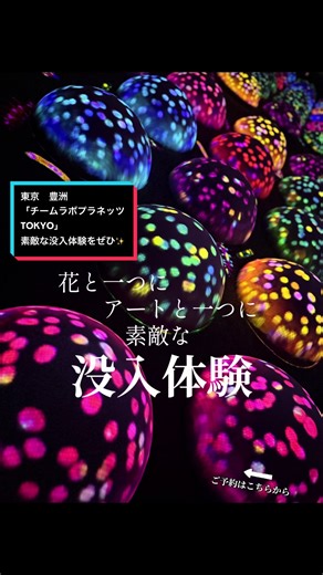 チームラボプラネッツ TOKYO 東京都江東区豊洲6-1-16 身体ごと没入し、身体で認識し、アートと一体となる チームラボプラネッツは、アートコレクティブ・チームラボによる水に入るミュージアム。 作品は、自分や他者の存在によって変化し、作品の存在は、自分の身体や他者と連続的である。そのような巨大な作品群に、他者と共に、身体ごと没入し、身体で認識し、アートと一体となる。 teamLab Planets TOKYO DMM 8:30 - 22:00 * 最終入館は閉館の1時間前 * 入場時に30分〜60分ほどお待ちいただく場合がございます。 新豊洲駅より 北口徒歩1分 （ゆりかもめ東京臨海新交通臨海線） 市場前駅、豊洲市場より徒歩５分 （ゆりかもめ東京臨海新交通臨海線） 豊洲駅より 7番出口徒歩10分 （東京メトロ有楽町線） #春休みキャンペーン #PR #TikTokGO #チームラボ豊洲 #チームラボプラネッツ