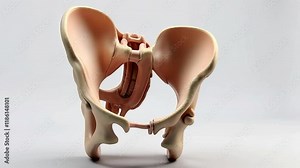 This 3D model shows the bones of the pelvis. It shows the ilium, ischium and pubis, and a cross-section of the hip joint with the femur. It is drawn to a very high level of accuracy.