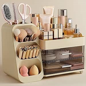 HBlife Makeup Organizer with Brush Holder for Vanity, Large Plastic Bathroom Countertop Organizer Skin Care Storage, Easy to Store Lipsticks, Nail Polishes, Perfumes, Eyeshadow Palettes, Beige