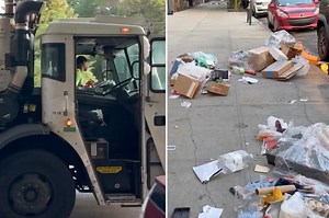 Sanitation workers in Brooklyn leave behind strewn trash left on the sidewalk