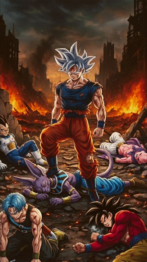 Goku vs. Vegeta, Majin Buu, Beerus, Trunks, and Goku Super Saiyan 4 in a fierce battle