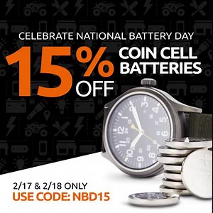 Want a taste of National Battery Day savings? You got it. How about 15% off coin cell batteries? 2/17 & 2/18 only. Buy online, pick up in-store and use code NBD15 at checkout. http://ow.ly/QbG550DC3j0 | Batteries Plus