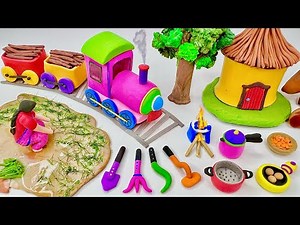 DIY How to make polymer clay miniature Village House, Train,Kitchen Set, Tree, Charpai,Satisfying