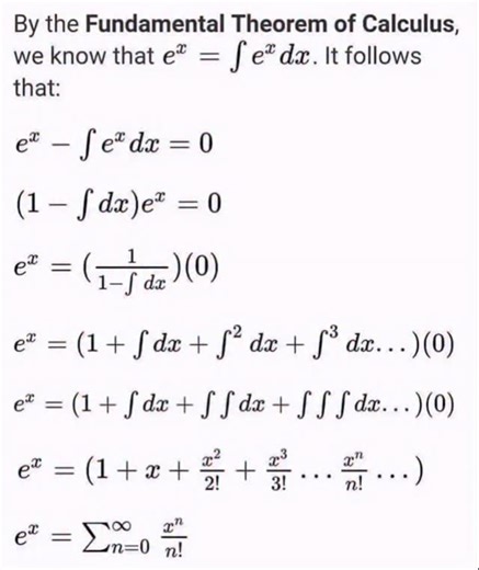 Phyxon on Instagram: "> “What if I told you… calculus itself hides the secret of eˣ 🤯📈” “From pure calculus to pure magic — here’s how eˣ becomes infinite power 💫” > By the Fundamental Theorem of Calculus, we know: Now, imagine expanding that integral step-by-step 👇 That’s right — this is how the exponential function grows from a simple derivative to an infinite power series! ⚡ Each integral layer adds a new dimension — transforming continuous growth into infinite expansion. This isn’t just 