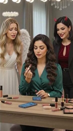 😇😈💄 الملاك والشيطان وقت تقولين "خمس دقايق وأجهز"... وتطلعين بعد ساعتين 😭 #على_كتفك #shorts