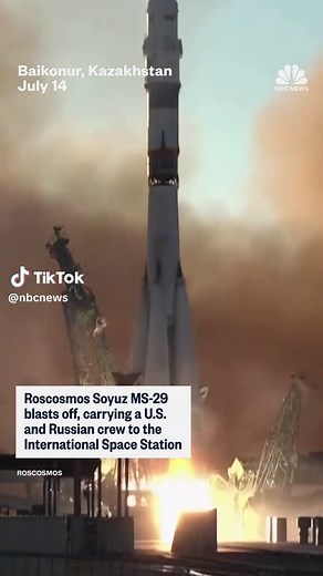 A rocket lifts off carrying a U.S. and Russian crew to the International Space Station, where they will spend eight months orbiting Earth.