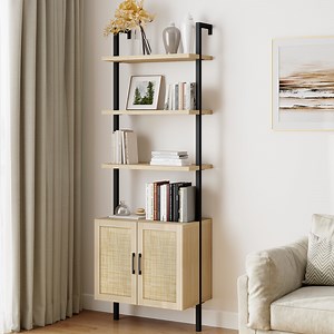 ARKANTOS 5 Tier Ladder Bookshelf with Rattan Cabinet, Wall Mounted Display Shelf, Natural Oak
