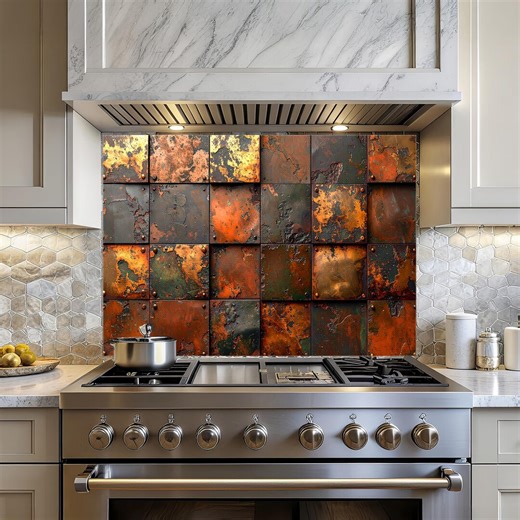 Orange & Brown Copper Square Tile Tempered Glass Kitchen Backsplash: Stone Effect Backsplash Panel - Etsy
