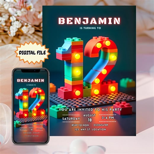 Building Block Party Editable Invitations, Bricks Birthday Printable Invitation, 12th Birthday Boy, Digital Download - Etsy