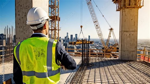 Construction worker in hard hat and safety vest directing crane on building site