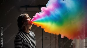 A lone person standing in a dimly lit room, exhaling a thick cloud of rainbow-colored vape smoke that fills the space, with the colors softly illuminating their face.