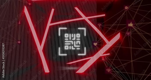 Animation of neon qr code scanner and globes of digital icons spinning against tall buildings