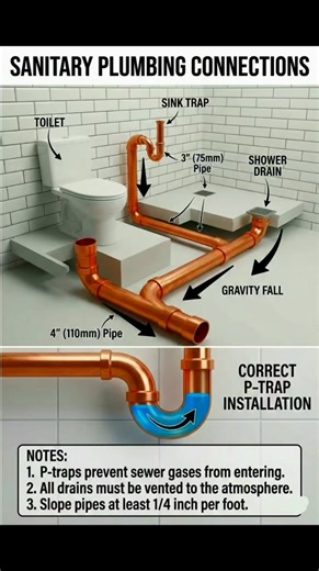 🔥🚿🚽 𝗦𝗔𝗡𝗜𝗧𝗔𝗥𝗬 𝗣𝗟𝗨𝗠𝗕𝗜𝗡𝗚 𝗖𝗢𝗡𝗡𝗘𝗖𝗧𝗜𝗢𝗡𝗦 – 𝗗𝗢 𝗜𝗧 𝗥𝗜𝗚𝗛𝗧! 🚽🚿🔥 A single wrong plumbing connection can cause bad smell, choking, leakage, and health hazards 🤢❌ This visual guide explains the CORRECT sanitary plumbing layout every engineer, plumber, and homeowner must know 👷‍♂️🏠 --- ✅ 𝗖𝗢𝗥𝗥𝗘𝗖𝗧 𝗙𝗜𝗫𝗧𝗨𝗥𝗘 𝗖𝗢𝗡𝗡𝗘𝗖𝗧𝗜𝗢𝗡𝗦 🚽 Toilet Connection ✔ Connected to 4" (110mm) soil pipe ✔ Ensures smooth discharge of solid waste 🚿 Shower Drain ✔ Properly sl